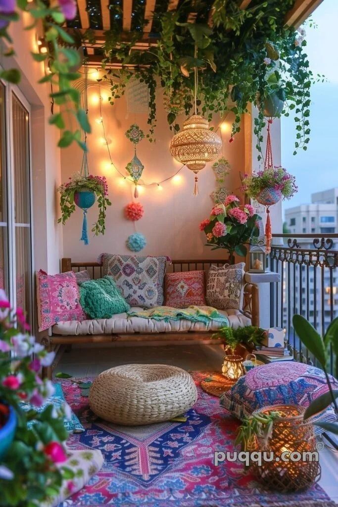 an outdoor seating area is decorated with flowers and plants on the balcony, while lights are strung from above