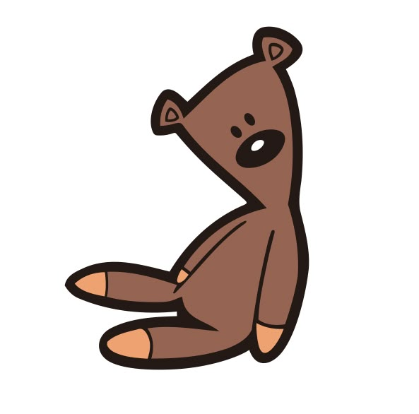 a brown teddy bear sitting on the ground with its legs spread out and eyes wide open