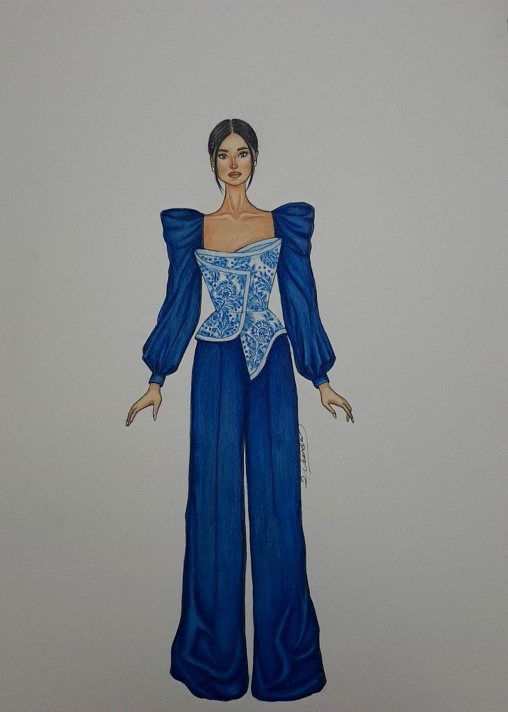 a drawing of a woman wearing blue pants and a white top with an embellishment on her chest