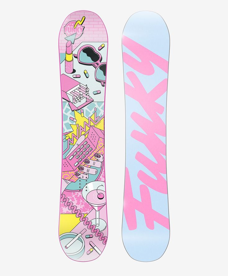 a snowboard with pink and blue graphics on it