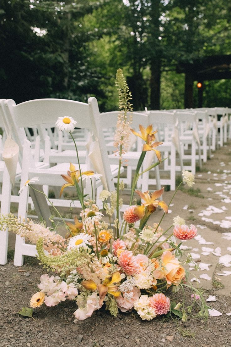 Aisle meadow Seattle wedding florals dahlias summer wedding iris foxtail lilies sunset palette Seattle floral designer sustainable florals repurposing floral centerpiece large floral installation Wedding Ceremony Outline, Ceremony Outline, Wedding Isles, Aisle Flowers, Wedding Ceremony Flowers, Wedding Flower Inspiration, Garden Party Wedding, Ceremony Arch, Ceremony Flowers