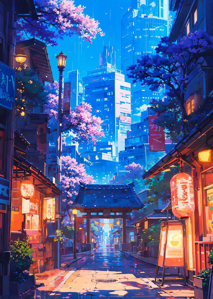 an anime city with tall buildings and cherry blossom trees in the foreground, at night