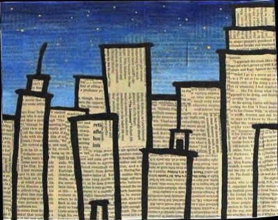 an image of a cityscape that is made out of book pages with the sky in the background