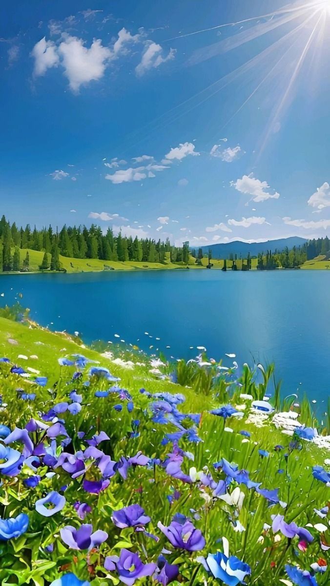 the sun shines brightly over a lake with wildflowers