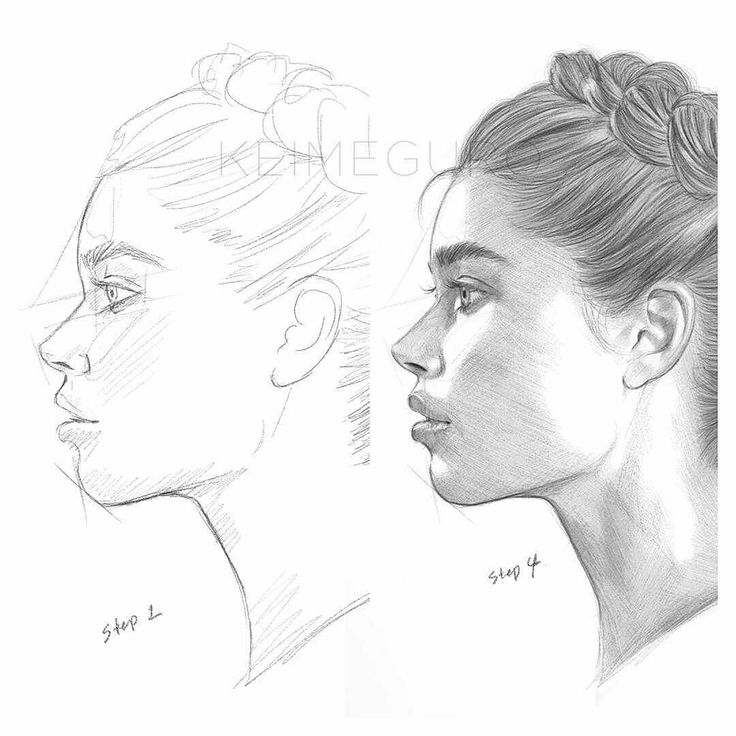 two drawings of women's heads, one with braids and the other without