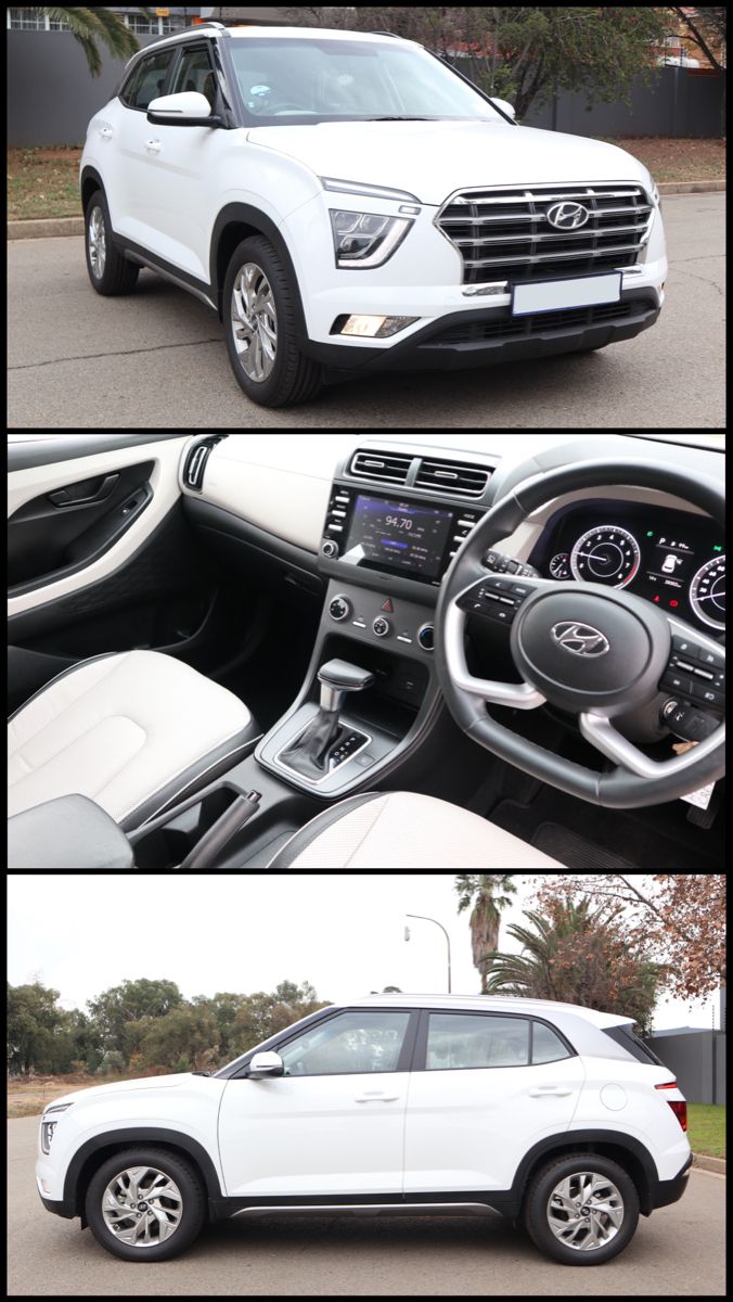 two pictures of the inside and outside of a white car, one with black trim