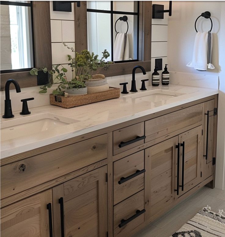 a bathroom with double sinks, mirrors and plants on the counter top in front of it