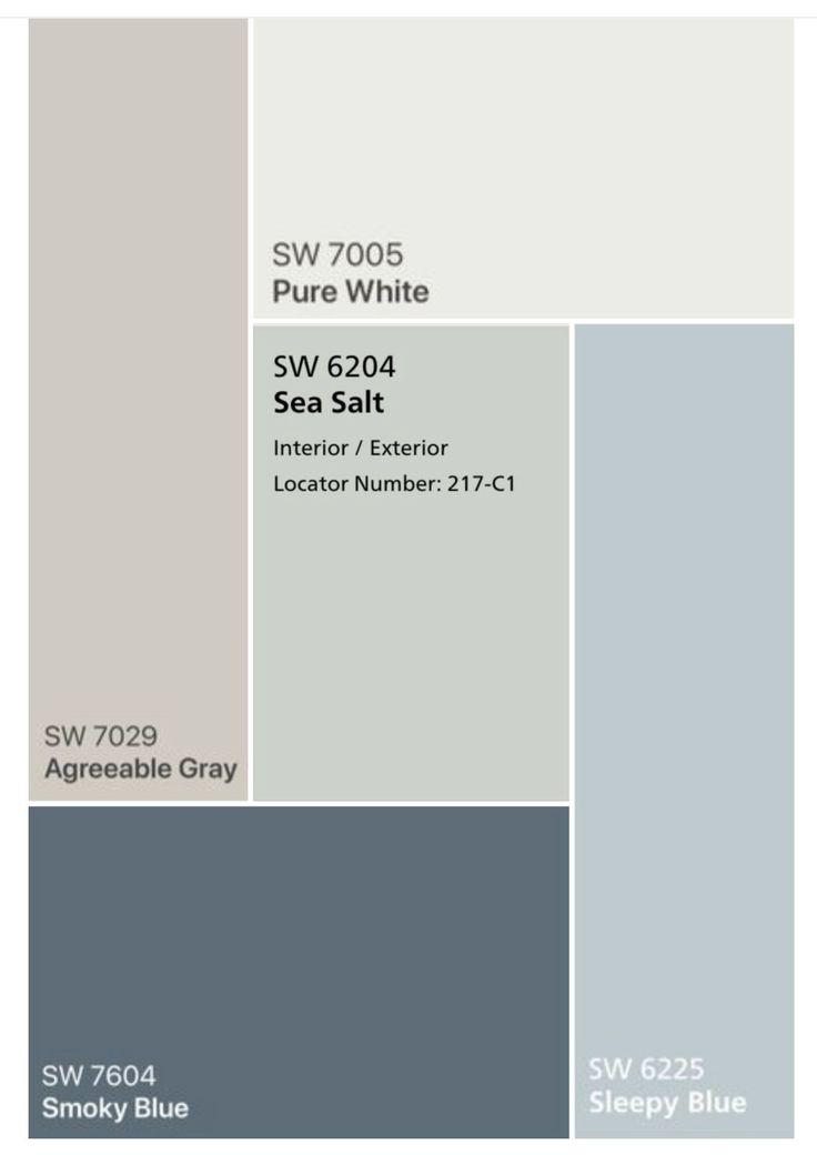 some gray and white paint colors with the words sw 7005 pure white on it