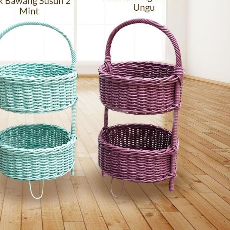 three wicker baskets sitting next to each other on top of a hard wood floor