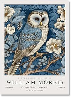 an owl sitting on top of a tree branch with flowers in front of it and the words william morris written below