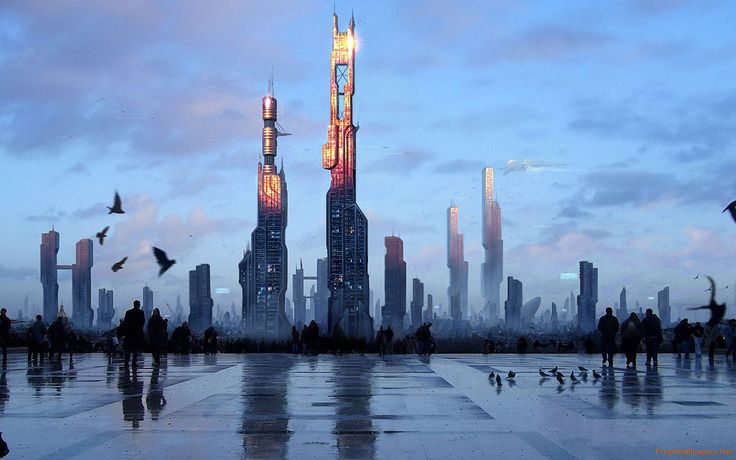 people are standing in front of a large city with tall buildings and birds flying around