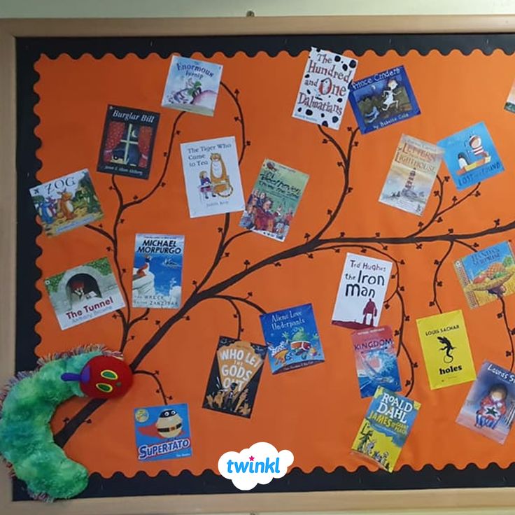 a bulletin board with many books on it