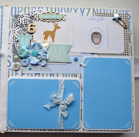 a scrapbook with blue and white paper