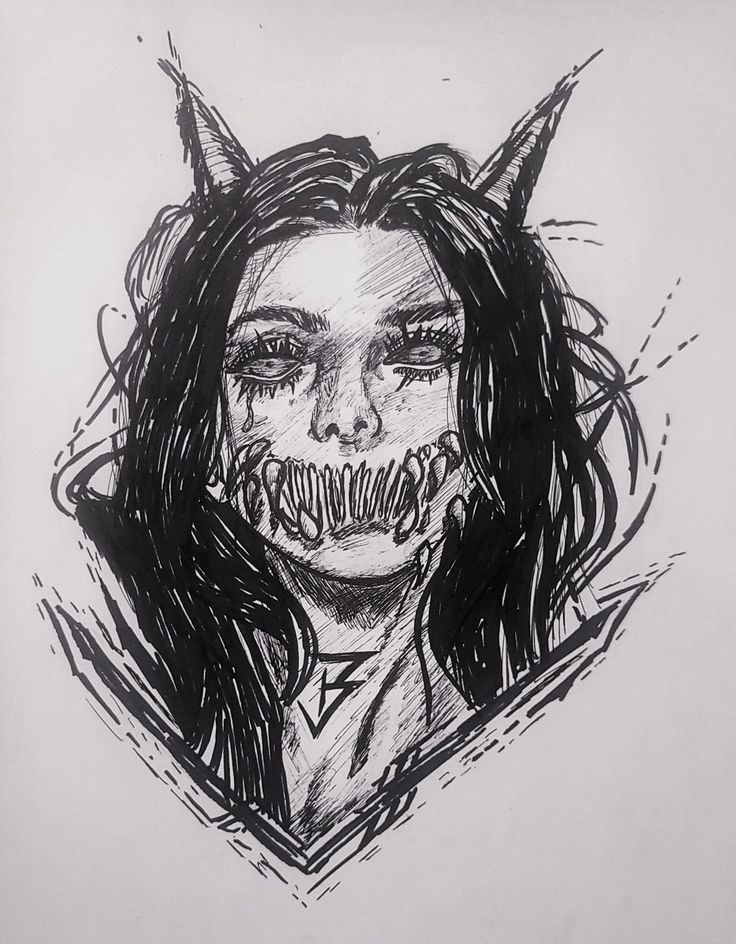 a drawing of a woman with horns and fangs on her face