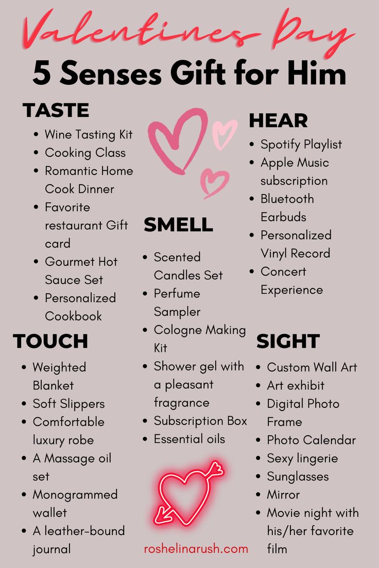 list full of valentines day 5 senses gifts Taste Sense Gift For Him, Spoil Him Ideas, 5sense Gift For Him, Sight Sense Gift For Him, Diy Men’s Gifts, Creative Bday Gifts For Him, Birthday Special Gifts For Boyfriend, 5 Sense Gift Ideas For Him, What To Get A Guy For His Birthday