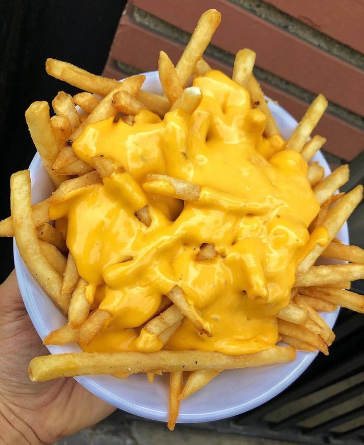 a white plate topped with cheese fries and french fries covered in melted cheddar