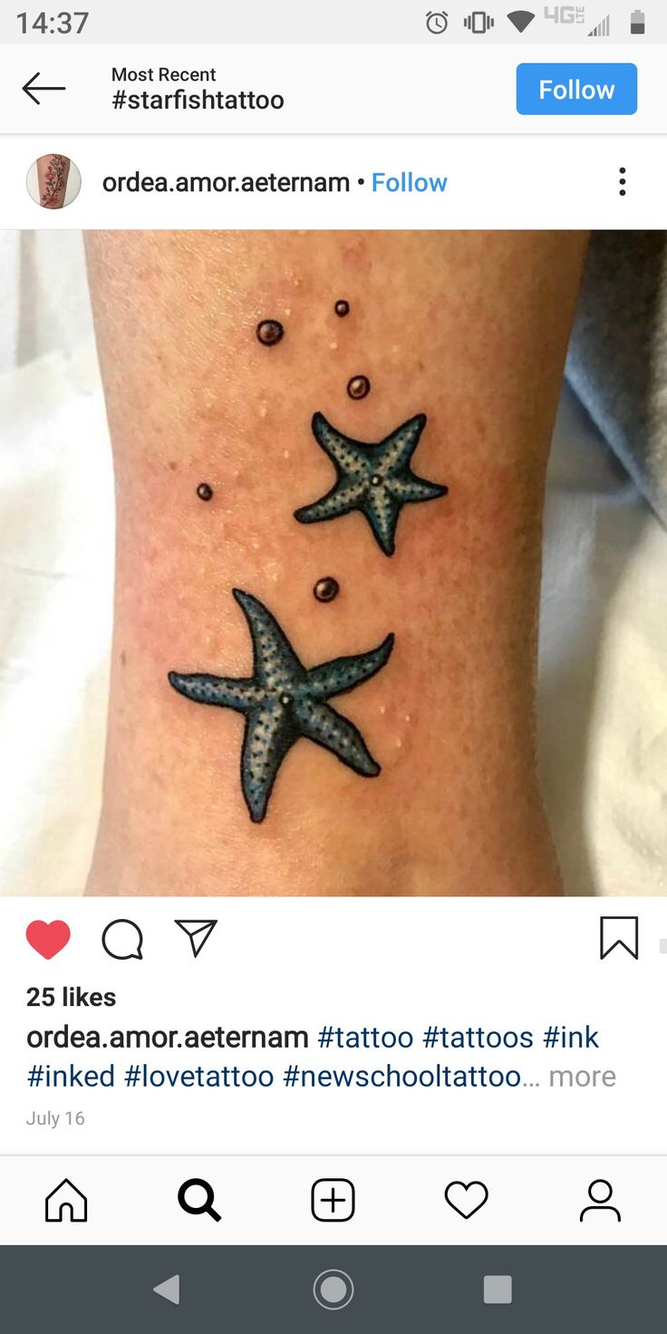 two starfishs on the side of a woman's leg with water droplets