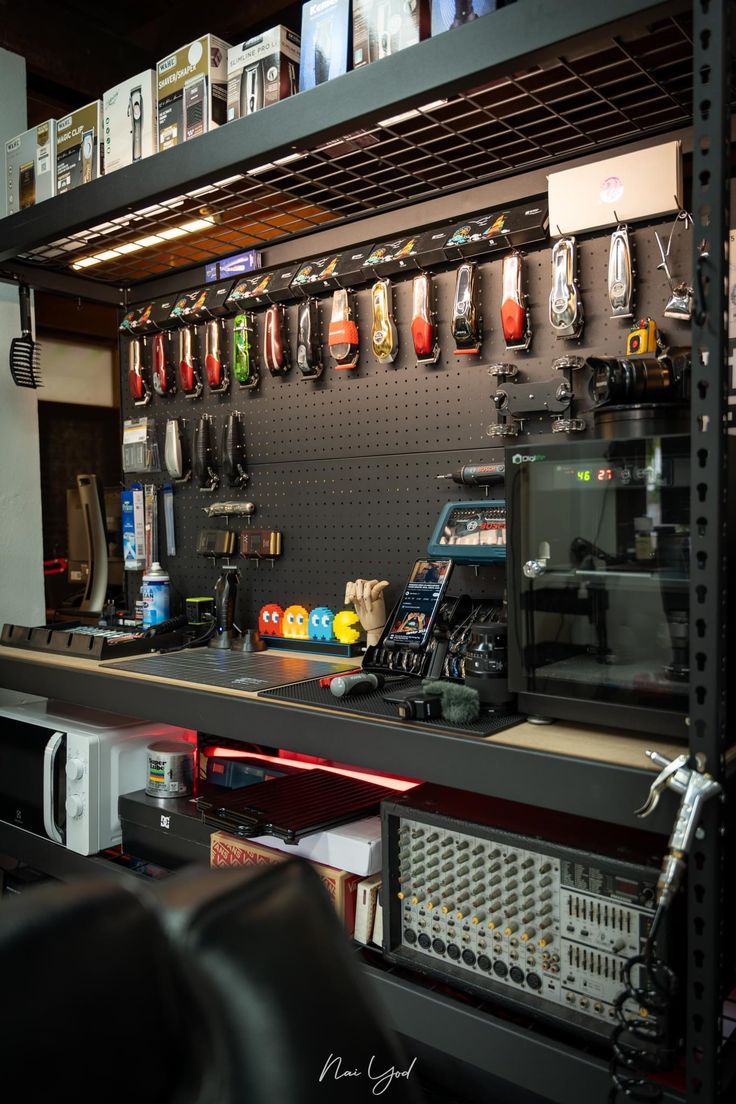 there are many items on the shelf in this garage storage area that is organized and organized