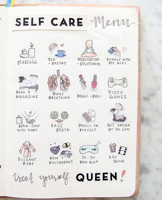 an open notebook with the words self care written on it and pictures of things inside