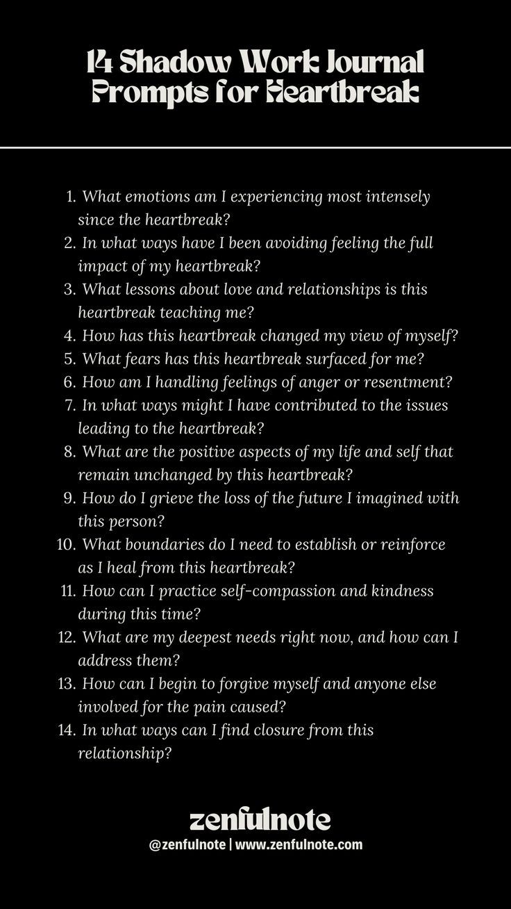 Shadow work focusing on heartbreak involves delving into the pain, loss, and lessons stemming from the end of relationships, allowing for healing and growth. Navigating heartbreak requires time, patience, and self-care. As you engage with these questions, remember to treat yourself with kindness. Journaling Prompts For Heartbreak, Shadow Work For Breakups, Friendship Journal Prompts, Breakup Journaling Prompts, Shadow Work To Get Over Someone, Shadow Work Questions For Relationship, Healing Shadow Work, Breakup Shadow Work Prompts, Shadow Work For Relationships