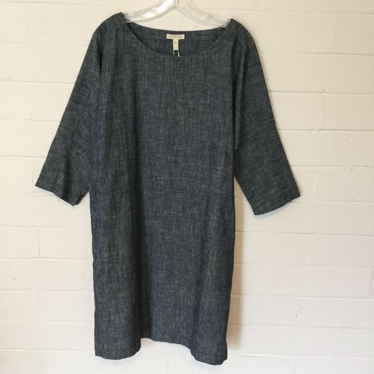 Chambray/Denim Scoop Neck, Drop Waist, Pocket In Side Seam See Photos For Details Cotton Short Dresses, Midi Dress Fall, Eileen Fisher Dress, Cotton Shift Dress, Wrap Front Dress, Midi Tank Dress, Tunic Shirt Dress, Organic Cotton Dress, Jersey Knit Dress