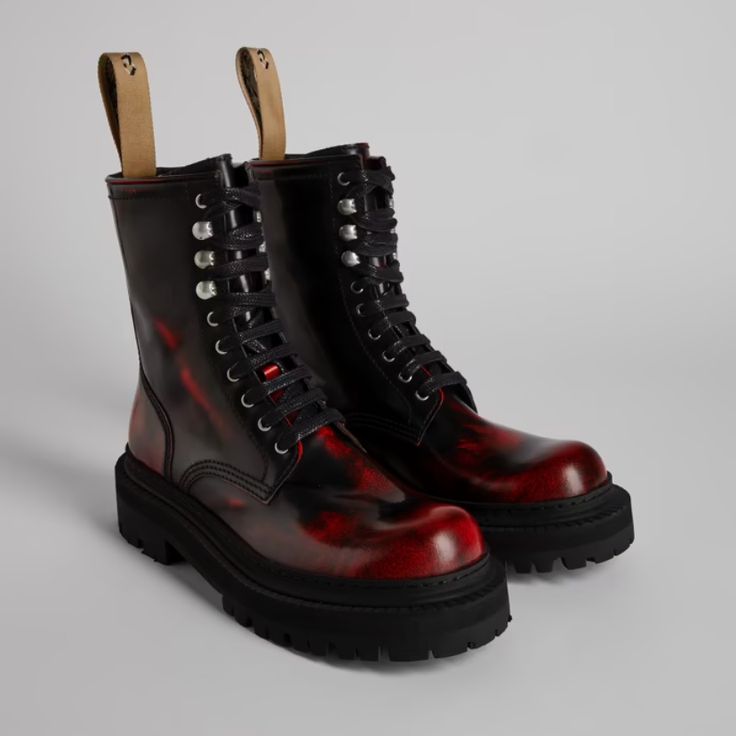 Nwt. Black And Red Brushed Leather Boots And Chunky Outsole. Size 37 (Us 7) Upper Calfskin Color Black / Red Outsole/Features Rubber Insole Ortholite Lining 79% Calfskin 21% Fabric (100% Recycled Pet) Leather Working Group Certified Red Chunky Shoes, Kyle Dion, Red Combat Boots, Royal Au, Red And Black Shoes, Ruby Gloom, Styling Chelsea Boots, Knee High Wedge Boots, Tall Brown Leather Boots