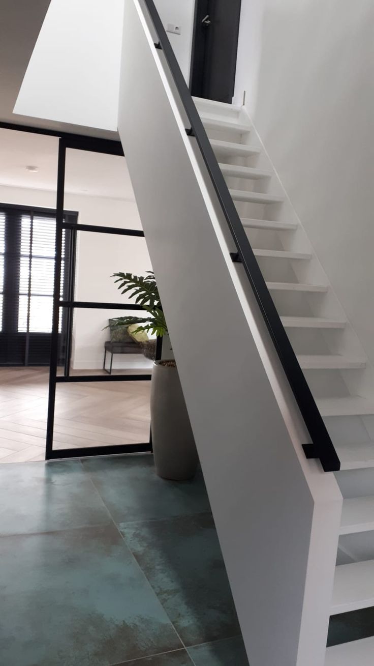 a white stair case next to a plant in a room