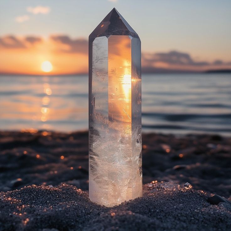 a crystal point sitting on top of a sandy beach next to the ocean at sunset