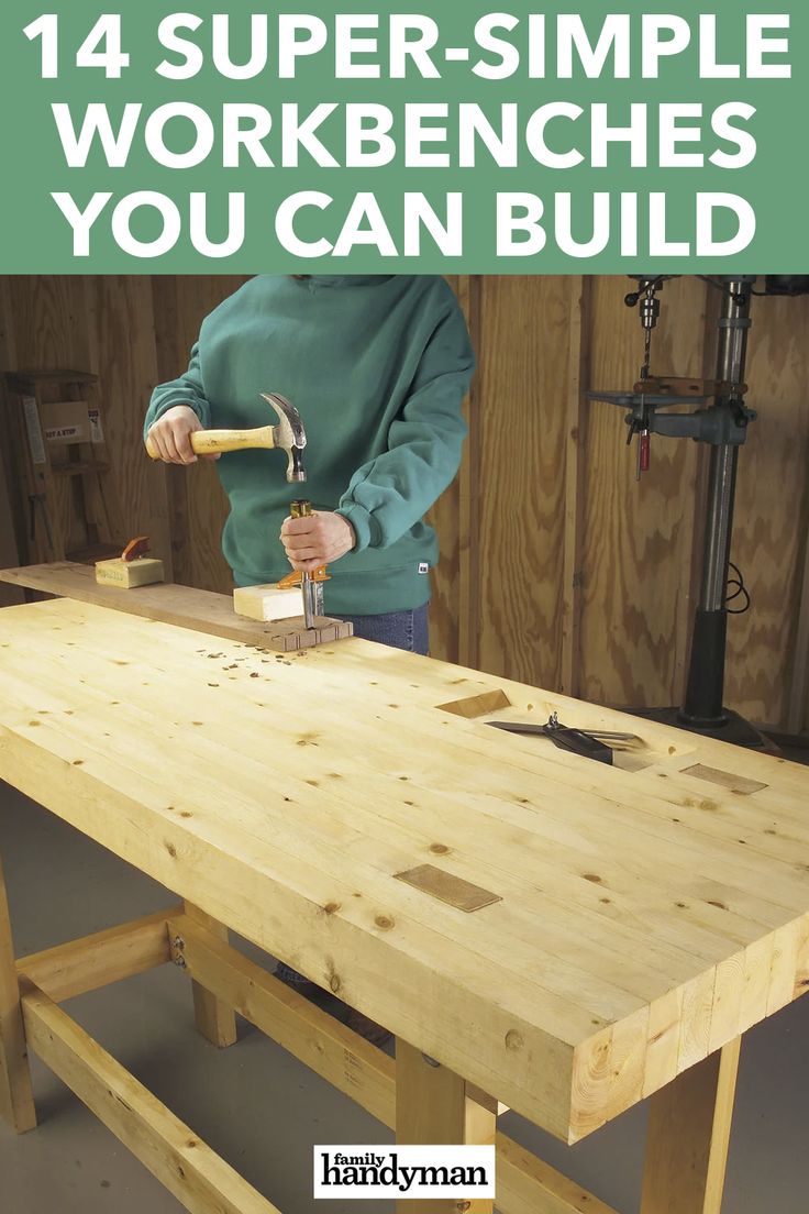 14 Super-Simple Workbenches You Can Build 2x4 Workbench Plans, Simple Workbench, Simple Workbench Plans, Work Bench Ideas, Diy Garage Work Bench, Workbench Designs, Building A Workbench, Workbench Ideas, Garage Workbench