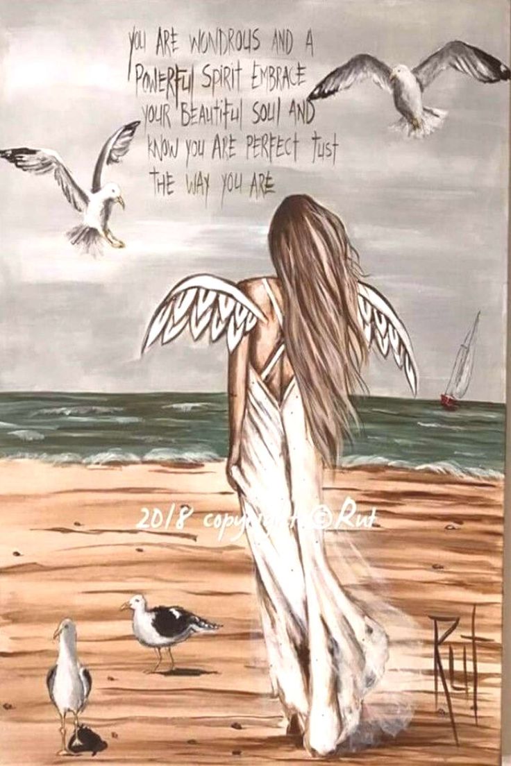 a painting of a woman walking on the beach with seagulls flying around her