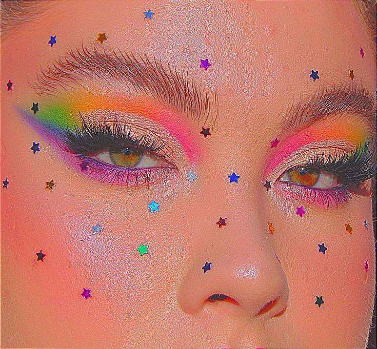 Stars Makeup Look, Stars Makeup, Rainbow Eye Makeup, Indie Makeup, Rainbow Stars, Cute Eye Makeup, Pride Makeup, Rave Makeup, Rainbow Makeup