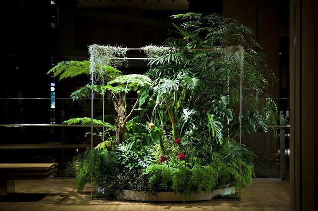 an indoor planter filled with lots of green plants