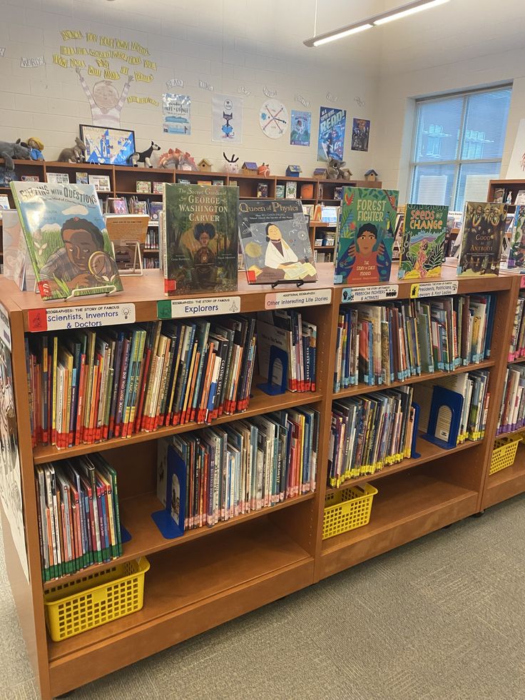 a row of bookshelves filled with children's books