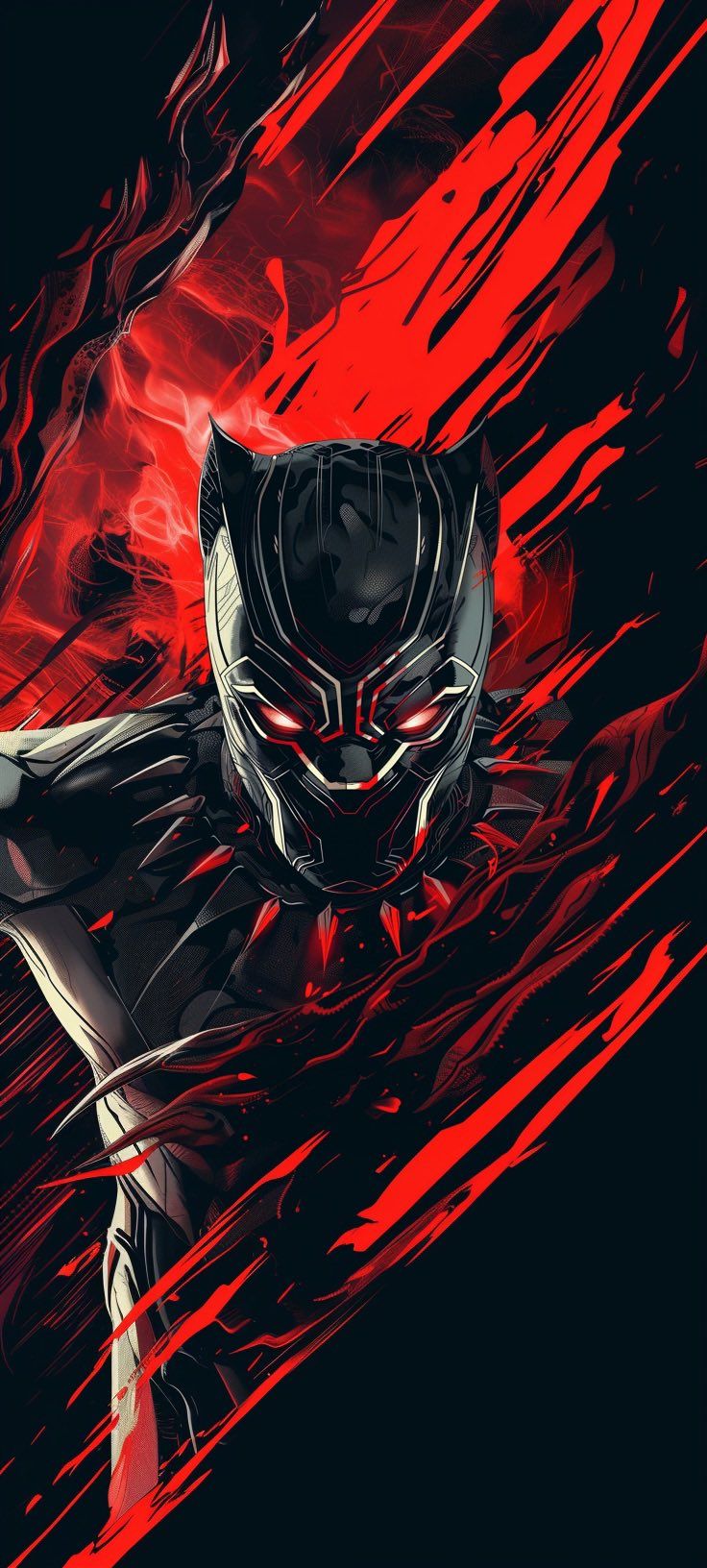 an illustration of a black panther with red streaks on it's face and chest