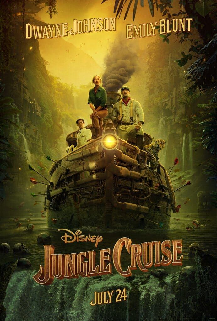 the poster for disney's jungle cruise is shown in front of a dark background