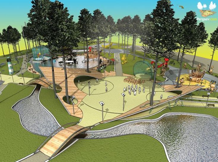 this is an artist's rendering of a park with water and playgrounds in the background