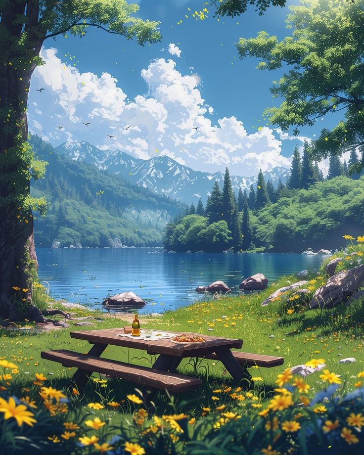 a picnic table sitting in the middle of a field next to a lake and mountains