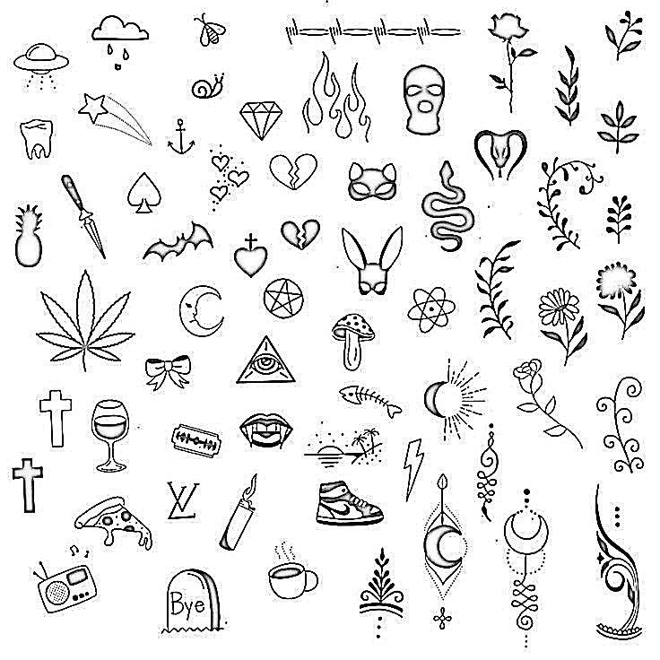 various tattoo designs and symbols on a white background