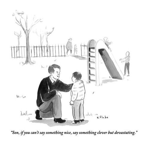 a man is talking to a little boy in front of a slide print by person