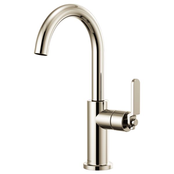 a chrome faucet with the handle extended