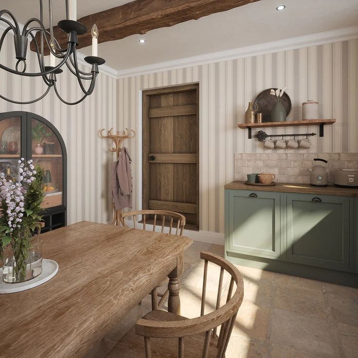 a wooden table sitting in front of a kitchen counter next to a stove top oven