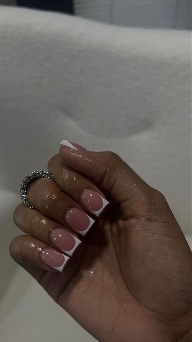 French Tip With Pink Acrylic Nails, White French Tips On Brown Skin, Unique Short Acrylic Nails Square, Deep Arch French Nails, Short Junk Nails, Polish Nails, Hard Nails, Drip Nails, Colored Acrylic Nails