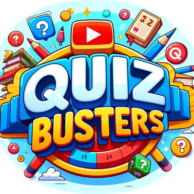 the quiz busters logo is surrounded by school supplies and other items, including pencils