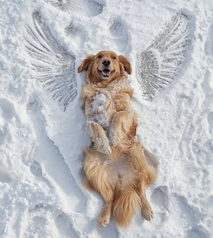 a dog laying in the snow with wings on it's back and paws up