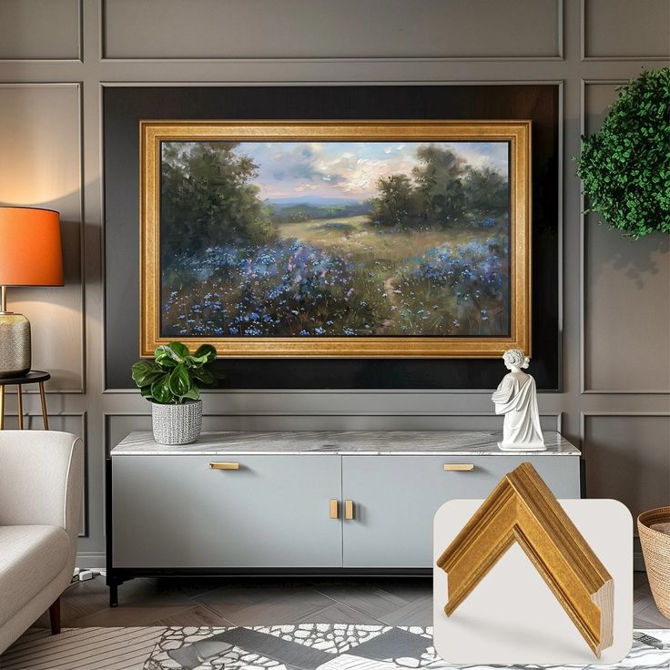 a living room scene with focus on the painting