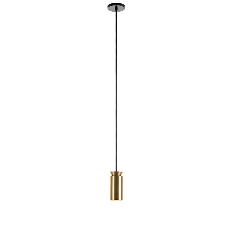 a gold and black pendant light hanging from a ceiling fixture on a white wall,