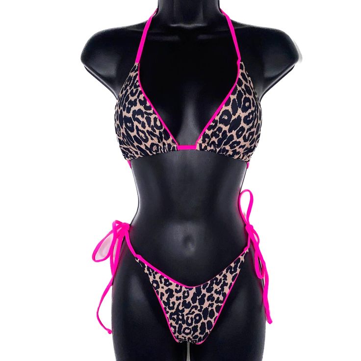 New! Small Leopard Print Bikini Set. Top Is Fully Adjustable With Halter Spaghetti Straps And Removable Padding. Bottoms Are Also Fully Adjustable And Have Hygienic Liner Attached. I Almost Always Ship Daily! Check Out My Other Listings, I Offer Discounts On Multi Purchases. My Items Are Located In Atlanta, Ga Near Midtown. Swimsuit Triangle, Triangle Swimsuit, Cute Bathing Suits, 2000s Fashion Outfits, Swim Suits, Cute Swimsuits, Leopard Animal, Galveston, Print Pink