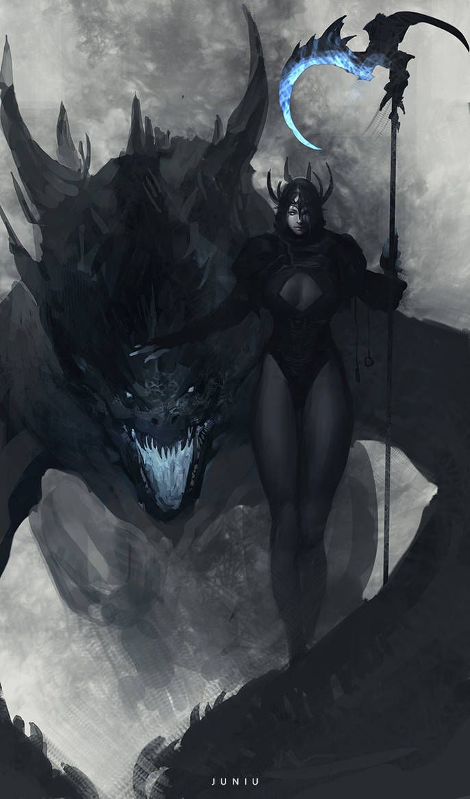 an image of a woman with horns on her head standing next to a giant dragon