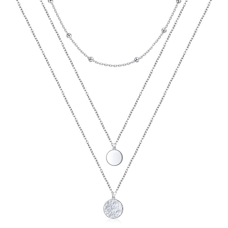 PRICES MAY VARY. Trendy 3 Layer S925 Sterling Silver Aesthetic Necklace Featuring with Bead Coin Hammer Disc,Simple ,Casual and Elegant. Multilayered Necklace Material : 100% 925 Sterling Silver And Platinum Polished Finished Which is Nickel-free, Lead-free, Cadmium-free .You May Rest Assured That This Layering Necklace Won’t Irritate Your Skin or Cause Itchiness. Layered Necklaces Size :14/17/20 inch long with 2 inches extender to adjust to your neck. Exquisite gift wrap: This long layered neck Silver Minimalist Layered Necklace With Double Chain, Silver Double Chain Layered Necklace, Silver Minimalist Layered Necklace With Round Pendant, Silver Layered Double Chain Necklace, Silver Layered Necklace With Delicate Chain, Minimalist Silver Layered Chain Necklace, Silver Layered Minimalist Jewelry, Silver Layered Necklace With Delicate Chain For Gift, Dainty Silver Layered Charm Necklaces