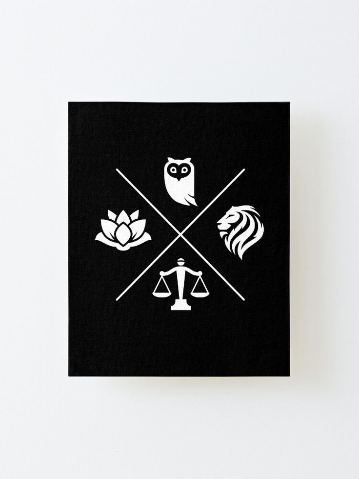 a black square with white symbols on the front and bottom, as well as an owl